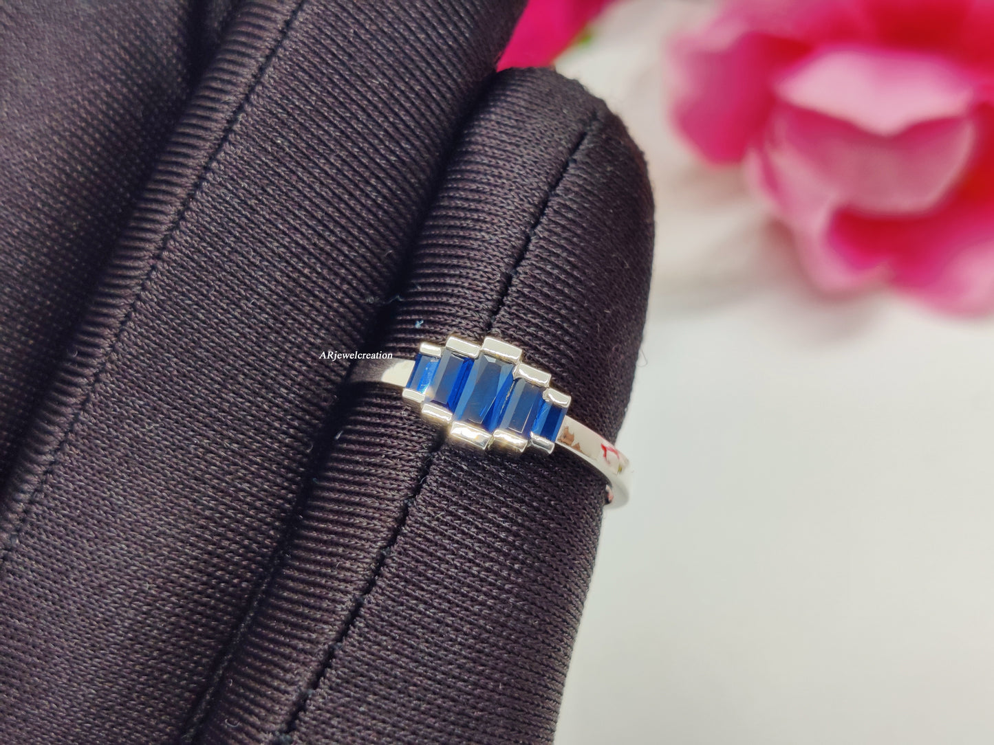 925 Sterling Silver 5 Blue Sapphire Stone Ring For Her ❤