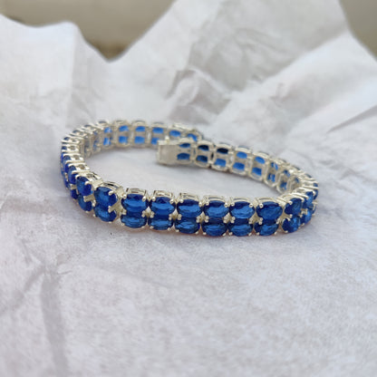 925 Sterling Silver Blue Stone Two Line Blue Sapphire Tennis Bracelet ❤