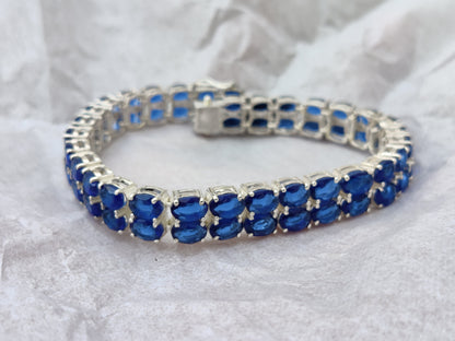 925 Sterling Silver Blue Stone Two Line Blue Sapphire Tennis Bracelet ❤