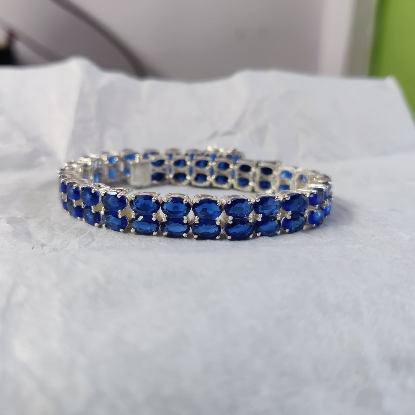 925 Sterling Silver Blue Stone Two Line Blue Sapphire Tennis Bracelet ❤