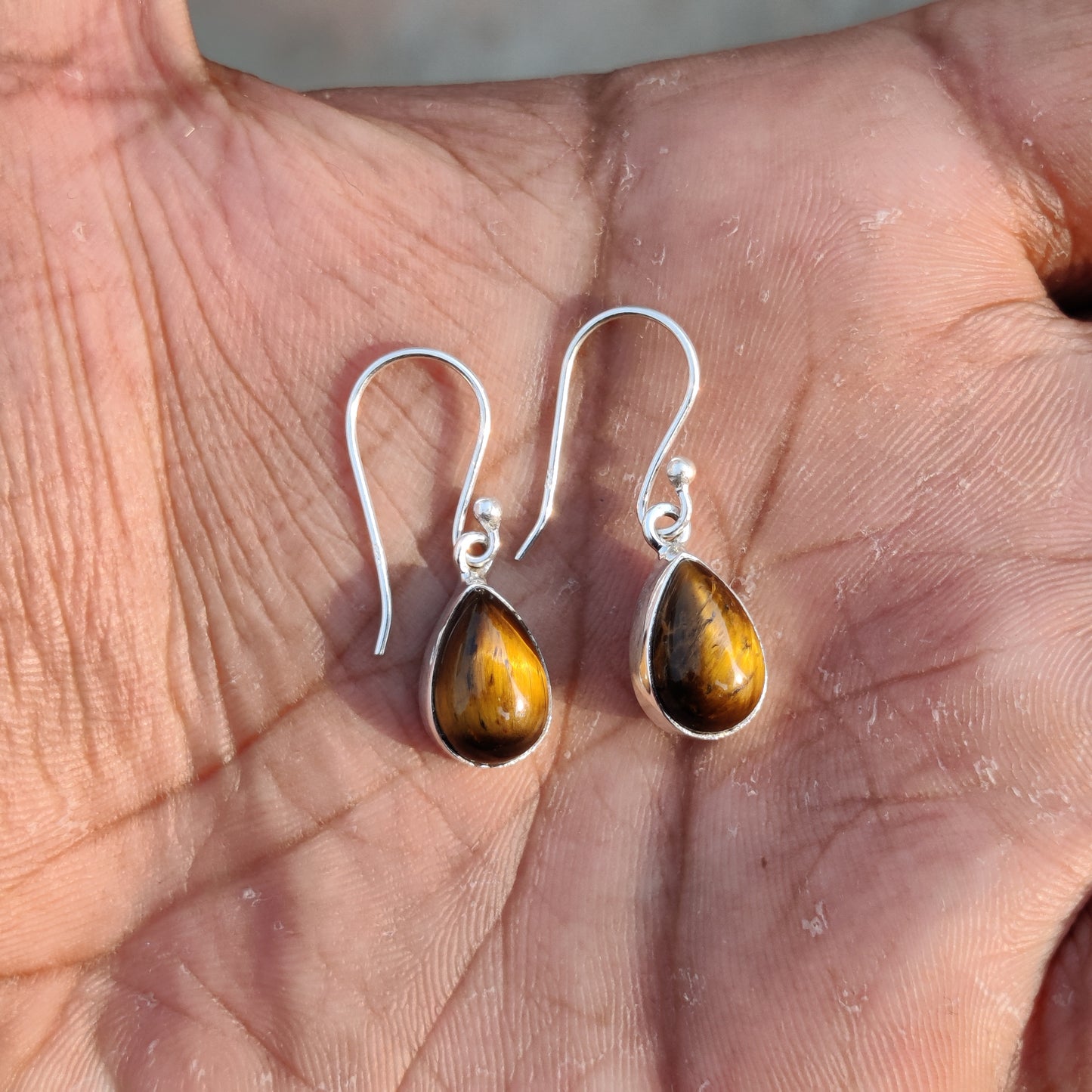 925 Sterling Silver Natural Tiger Eye Gemstone Earring❤